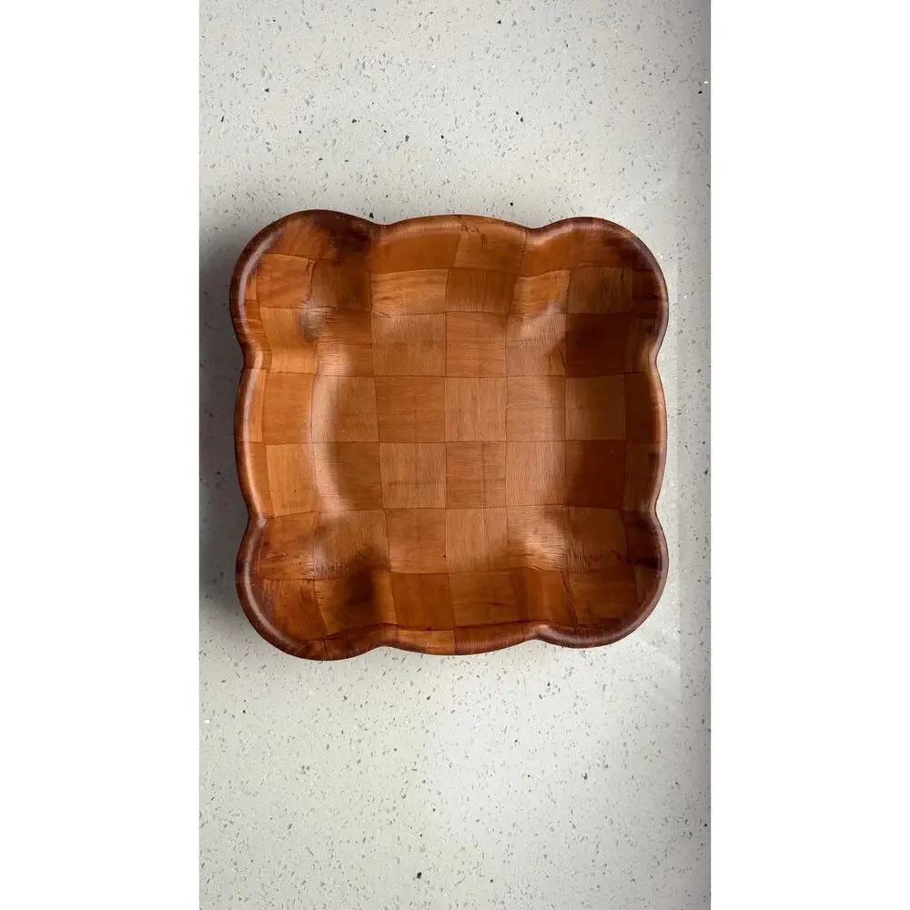 VINTAGE Patchwork Checkerboard Pattern Wooden Bowl Scalloped Edges
